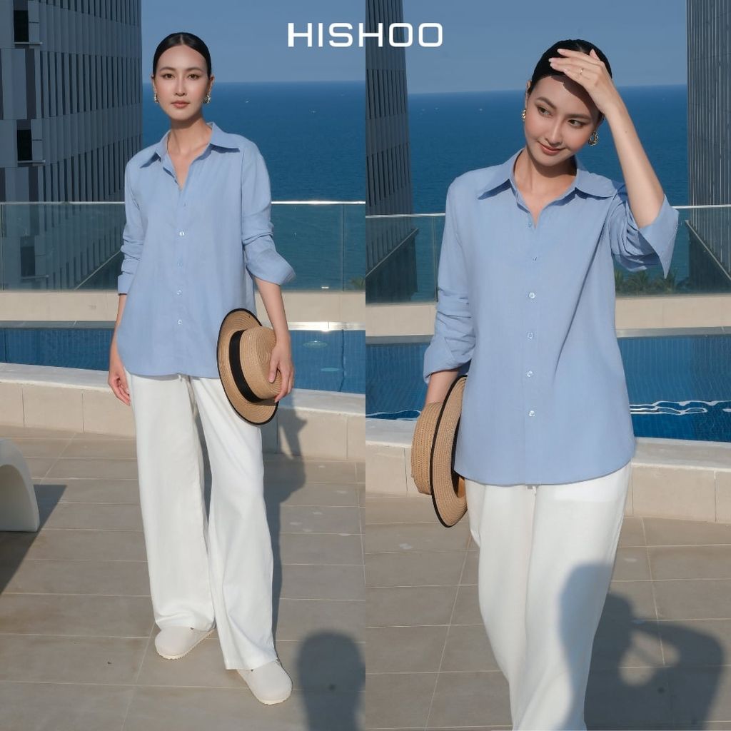Áo Sơ Mi Tay Dài Nữ Relax Form Rộng, Cổ Thường, Lai Ngang Linen Solene Vải Mềm Mát HISHOO A2G003