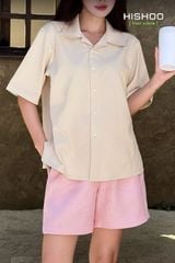 Áo Sơ Mi Kem Nữ Relax Form Rộng, Cổ Bác Sĩ, Lai Ngang Linen Solene Vải Mềm Mát HISHOO A1G004