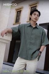 Áo Sơ Mi Nam Rêu  Relax Form Rộng, Cổ Thường, Lai Ngang Linen Solene Vải Mềm Mát HISHOO A1T003