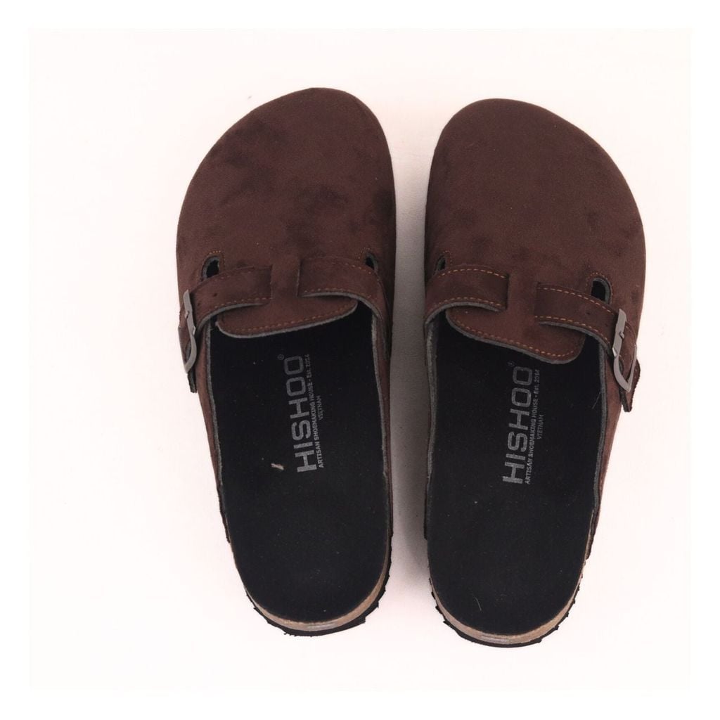 Dép đế trấu sục Boston quai ngang Nâu Walnut da lộn  HISHOO R109