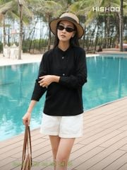 Áo Sơ Mi Nữ Nút Gỗ Tay Dài Relax Form Rộng, Cổ Polo Tàu Vuông, Xẻ V Linen Solene Vải Mềm Mát HISHOO A3G002