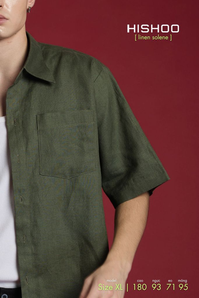Áo Sơ Mi Nam Rêu  Relax Form Rộng, Cổ Thường, Lai Ngang Linen Solene Vải Mềm Mát HISHOO A1T003