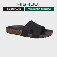 Dép đế trấu birken Chữ H MẶT ĐEN da SAFFIANO Hishoo M095