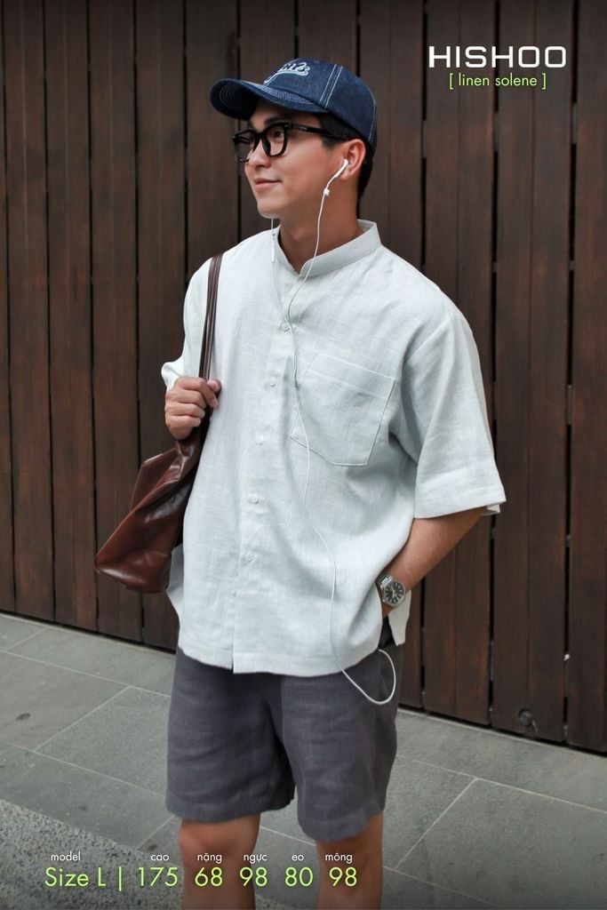 Áo Sơ Mi Tàu Tròn Nam Xám Tro Relax Form Rộng, Cổ Tàu Tròn, Lai Ngang Linen Solene Vải Mềm Mát HISHOO A1T001
