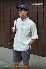 Áo Sơ Mi Tàu Tròn Nam Xám Tro Relax Form Rộng, Cổ Tàu Tròn, Lai Ngang Linen Solene Vải Mềm Mát HISHOO A1T001