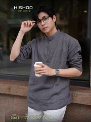 Áo Sơ Mi Nam Tay Dài Relax Form Rộng, Cổ Polo Tàu Vuông, Xẻ V Linen Solene Vải Mềm Mát HISHOO A3T002