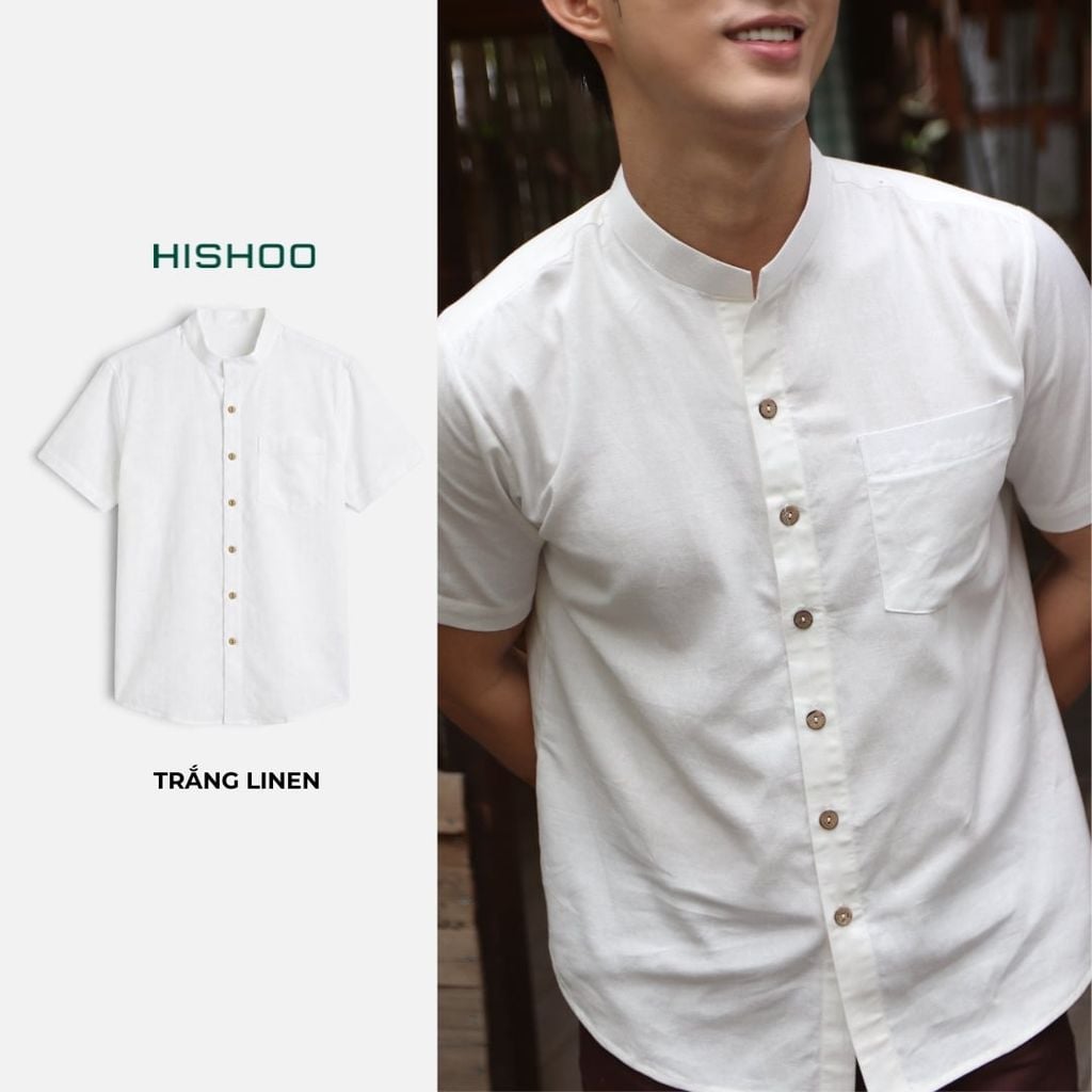 Áo Sơ Mi Nam Nút Gỗ Relax Form Rộng, Cổ Tàu Vuông, Lai Ngang Linen Solene Vải Mềm Mát HISHOO A1T002
