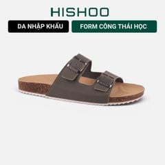 Dép đế trấu birken Rêu quai ngang 2 khoá da bò HISHOO M093