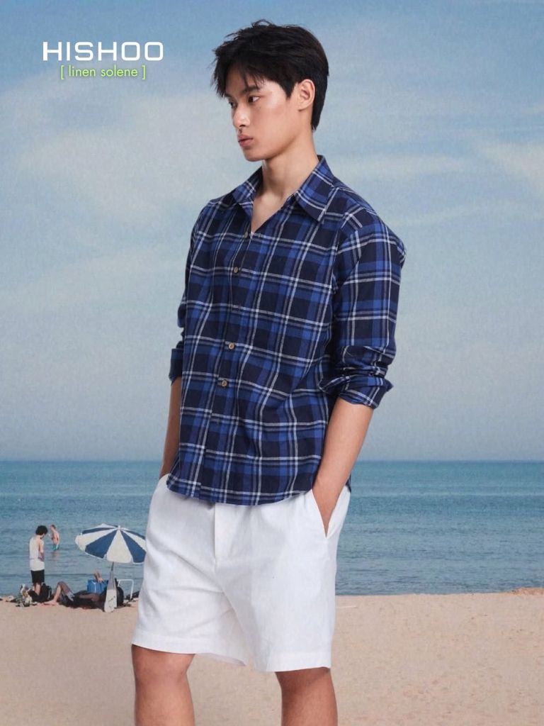 Áo Sơ Mi Caro Nút Gỗ Tay Dài Nam Relax Form Rộng, Cổ Thường, Lai Ngang Linen Solene Vải Mềm Mát HISHOO A2T003