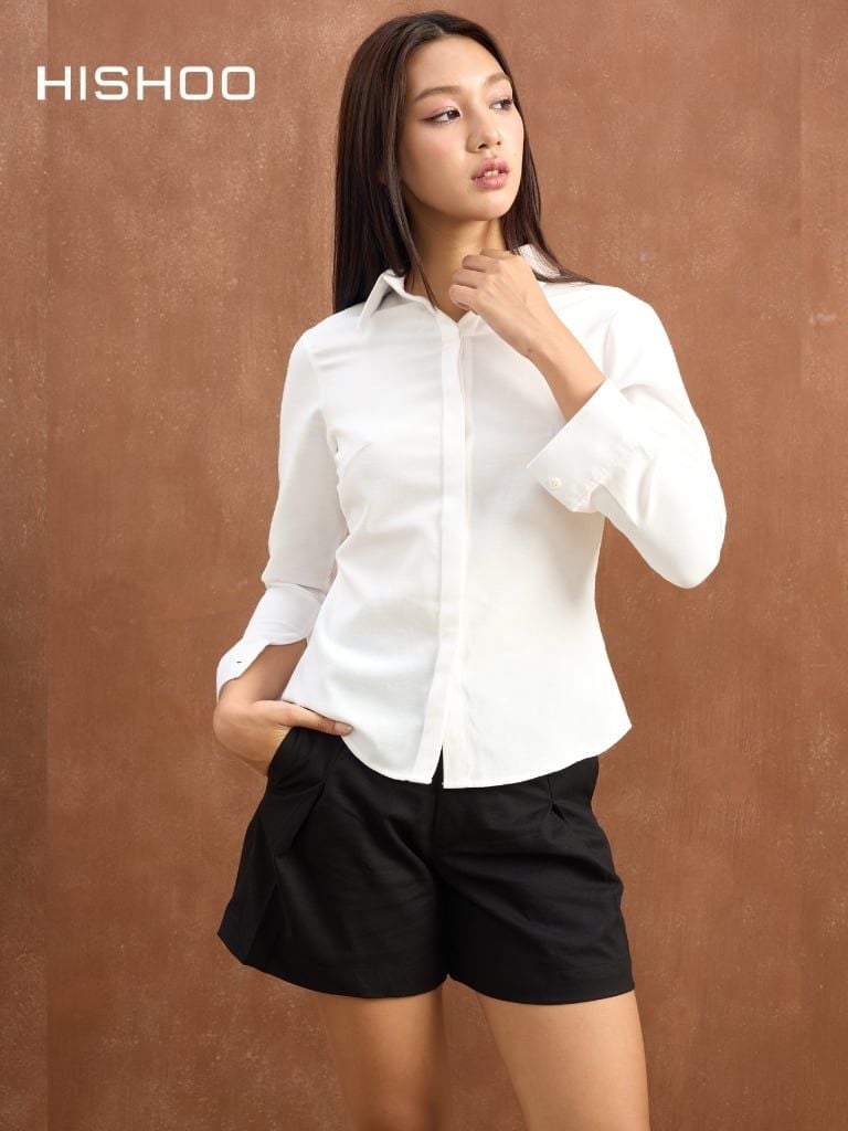 Quần kaki nữ lưng cao Hishoo short suông basic mặc đi chơi, đi làm HISHOO QG001