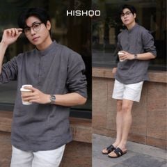 Áo Sơ Mi Nam Tay Dài Relax Form Rộng, Cổ Polo Tàu Vuông, Xẻ V Linen Solene Vải Mềm Mát HISHOO A3T002