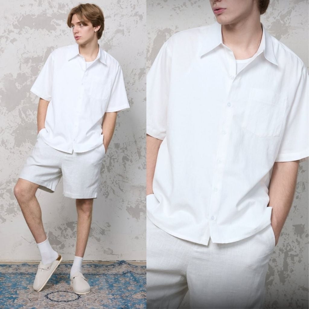 Áo Sơ Mi Nam Relax Form Rộng, Cổ Thường, Lai Ngang Linen Solene Vải Mềm Mát HISHOO A1T003