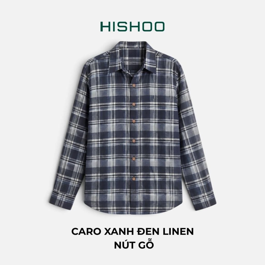 Áo Sơ Mi Caro Nút Gỗ Tay Dài Nam Relax Form Rộng, Cổ Thường, Lai Ngang Linen Solene Vải Mềm Mát HISHOO A2T003