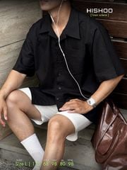 Áo Sơ Mi Đen Nam Relax Form Rộng, Cổ Bác Sĩ, Lai Ngang Linen Solene Vải Mềm Mát HISHOO A1T004