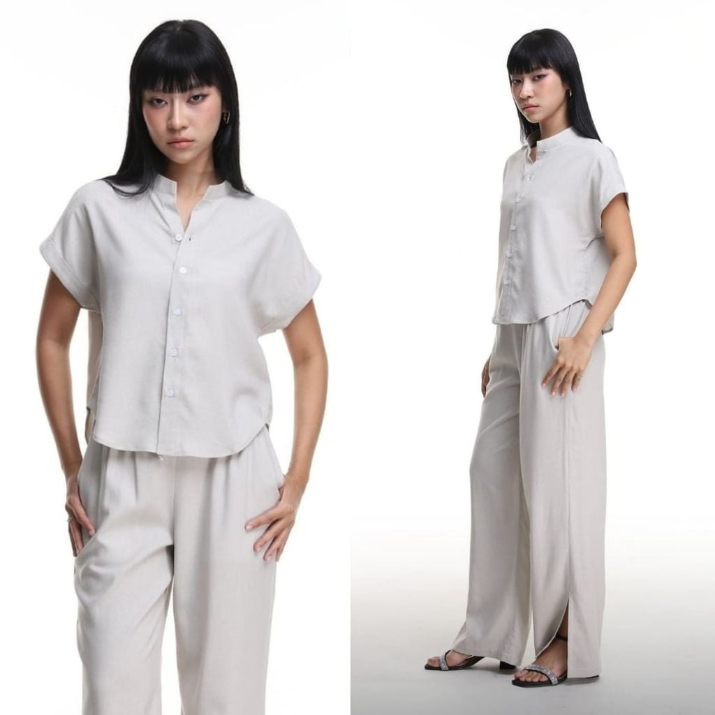 Áo Sơ Mi Nữ Tay Ngắn Relax Form Rộng, Cổ Tàu Vuông, Linen Solene Vải Mềm Mát HISHOO A4G002