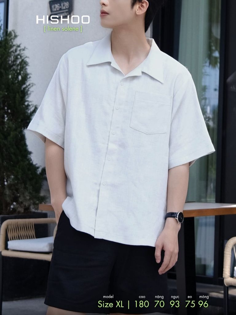 Áo Sơ Mi Nam Xám Tro Relax Form Rộng, Cổ Bác Sĩ, Lai Ngang Linen Solene Vải Mềm Mát HISHOO A1T004