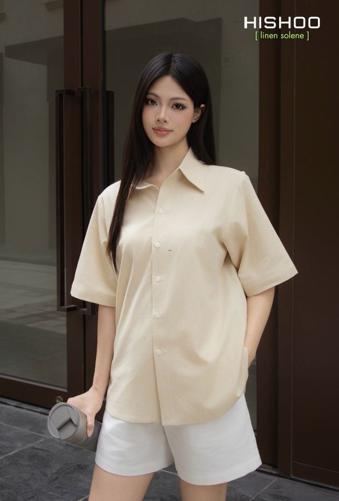 Áo Sơ Mi Nữ Relax Form Rộng, Cổ Thường, Lai Ngang Linen Solene Vải Mềm Mát HISHOO A1G003