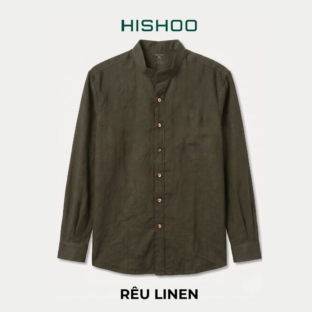 Áo Sơ Mi Nút Gỗ Tay Dài Nữ Relax Form Rộng, Cổ Tàu Vuông, Lai Ngang Linen Solene Vải Mềm Mát HISHOO A2G002