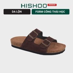 Dép đế trấu birken 2 khoá Nâu Walnut da lộn premium HISHOO H093
