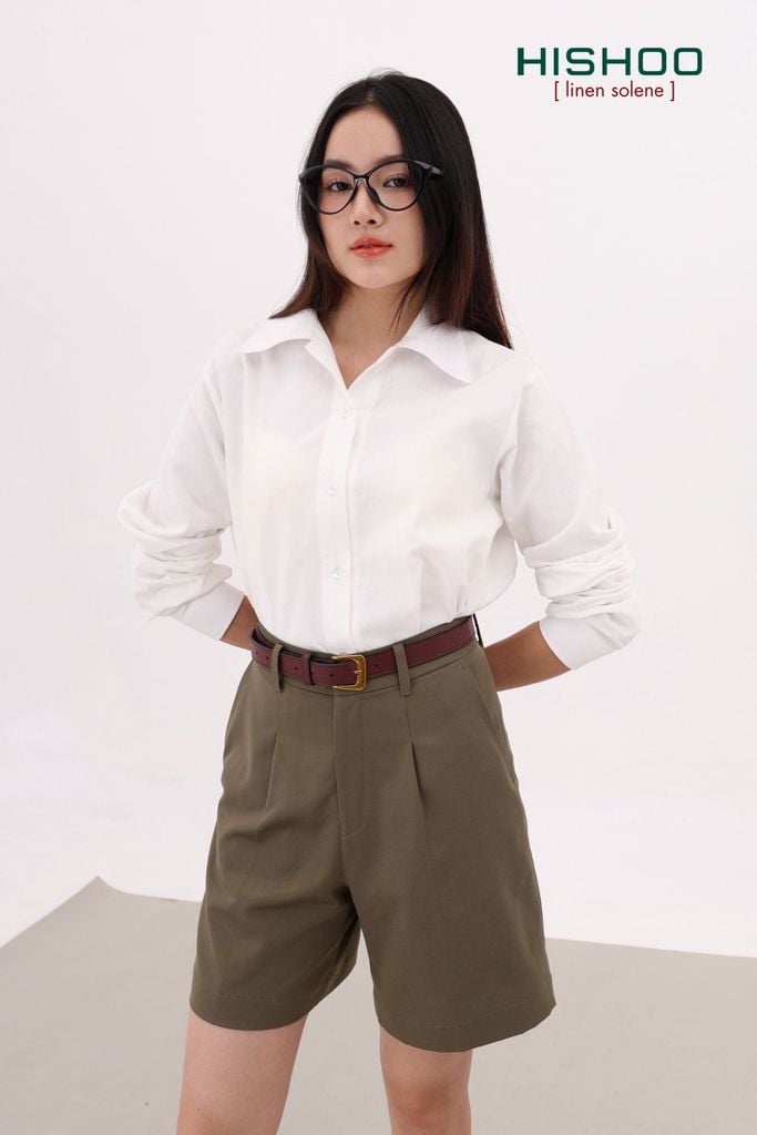 Áo Sơ Mi Tay Dài Nữ Relax Form Rộng, Cổ Danton, Lai Ngang Linen Solene Vải Mềm Mát HISHOO A2G004