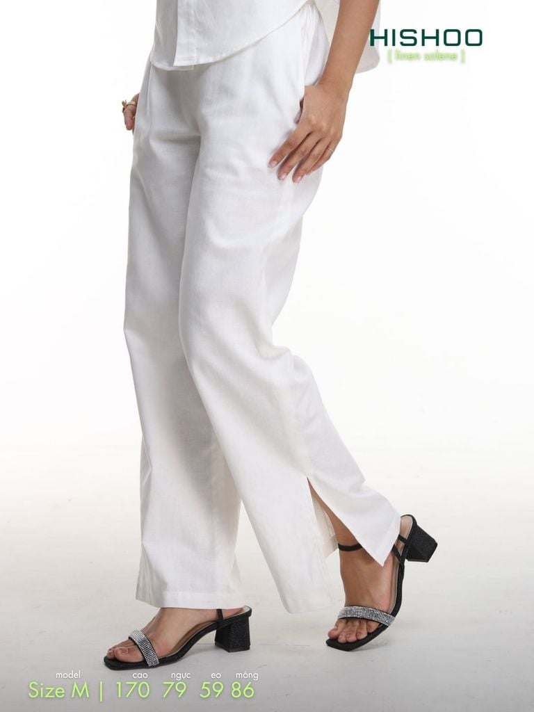 Quần dài Linen Nữ Lưng Thun, Xẻ Tà Hishoo basic mặc đi chơi, đi làm HISHOO Q3G001