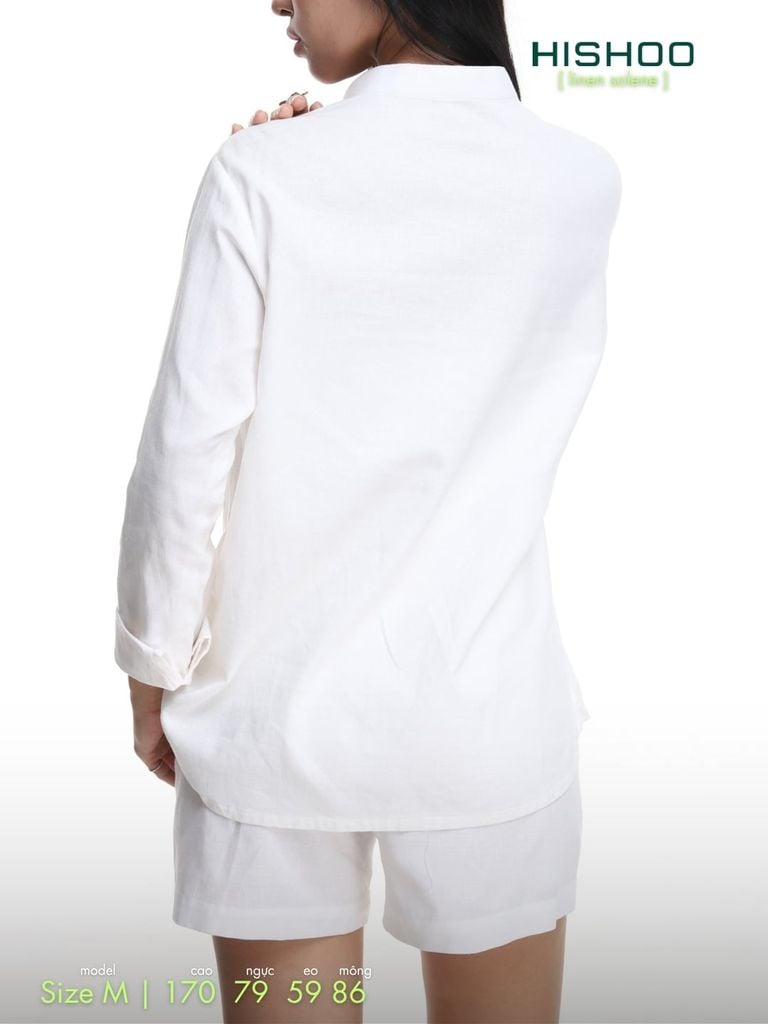 Áo Sơ Mi Trắng Nữ Tay Dài Relax Form Rộng, Cổ Polo Tàu Vuông, Xẻ V Linen Solene Vải Mềm Mát HISHOO A3G002