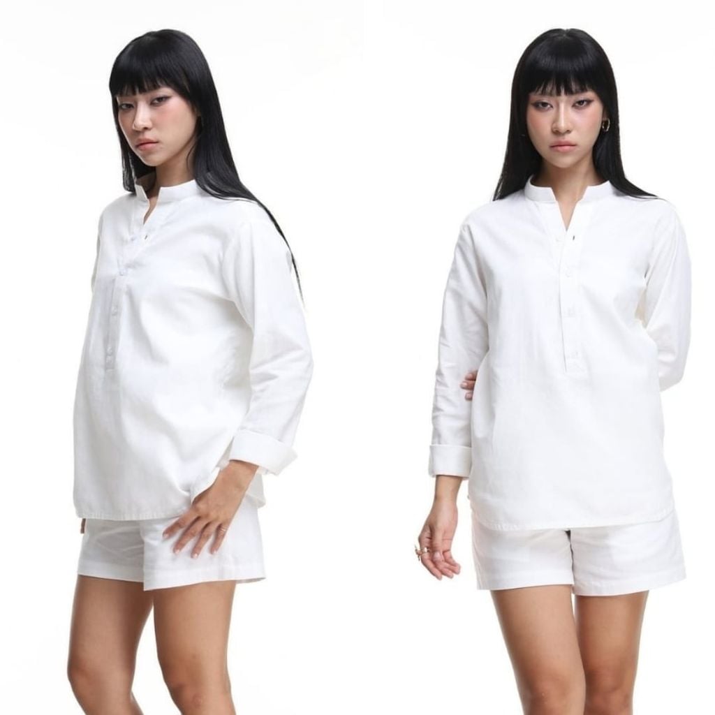 Áo Sơ Mi Nữ Tay Dài Relax Form Rộng, Cổ Polo Tàu Vuông, Xẻ V Linen Solene Vải Mềm Mát HISHOO A3G002