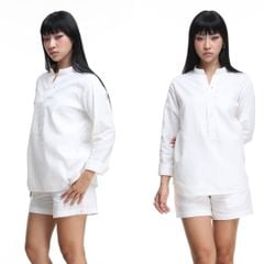 Áo Sơ Mi Nữ Tay Dài Relax Form Rộng, Cổ Polo Tàu Vuông, Xẻ V Linen Solene Vải Mềm Mát HISHOO A3G002