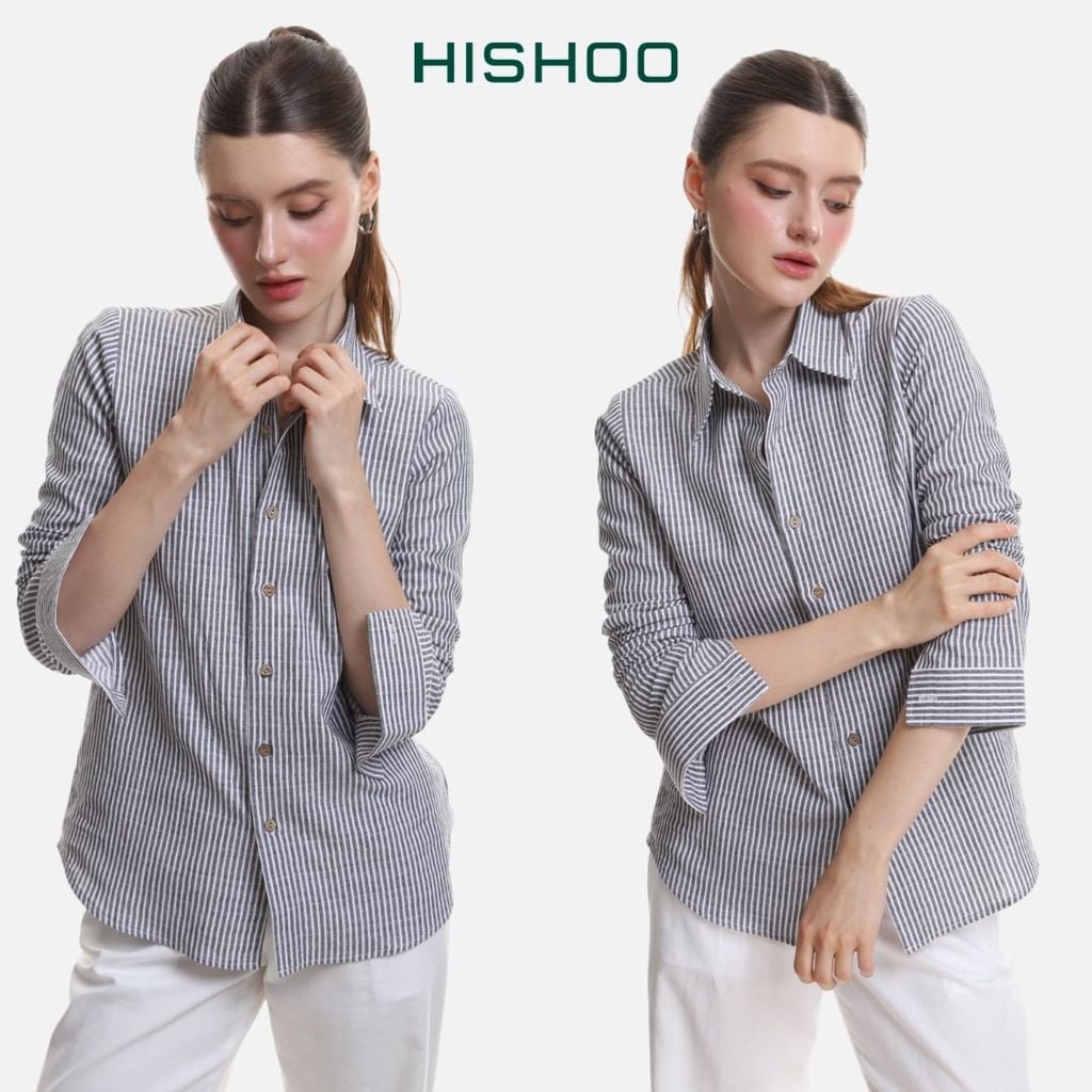 Áo Sơ Mi Sọc Nút Gỗ Tay Dài Nữ Relax Form Rộng, Cổ Thường, Lai Ngang Linen Solene Vải Mềm Mát HISHOO A2G003