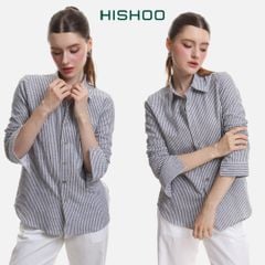 Áo Sơ Mi Sọc Nút Gỗ Tay Dài Nữ Relax Form Rộng, Cổ Thường, Lai Ngang Linen Solene Vải Mềm Mát HISHOO A2G003