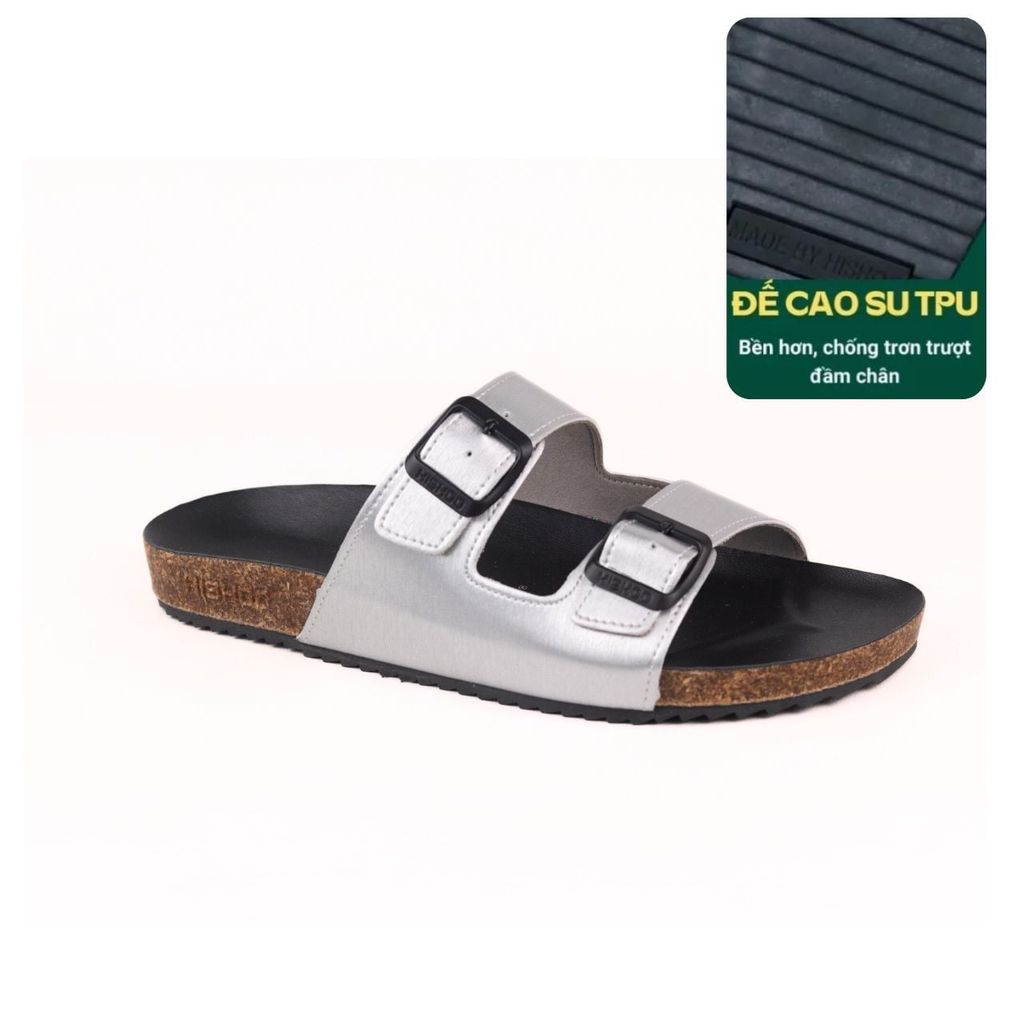 Dép đế trấu birken Bạc quai ngang 2 khóa Hishoo M093