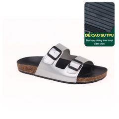 Dép đế trấu birken Bạc quai ngang 2 khóa Hishoo M093