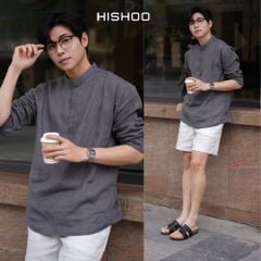 Áo Sơ Mi Nam Tay Dài Relax Form Rộng, Cổ Polo Tàu Vuông, Xẻ V Linen Solene Vải Mềm Mát HISHOO A3T002