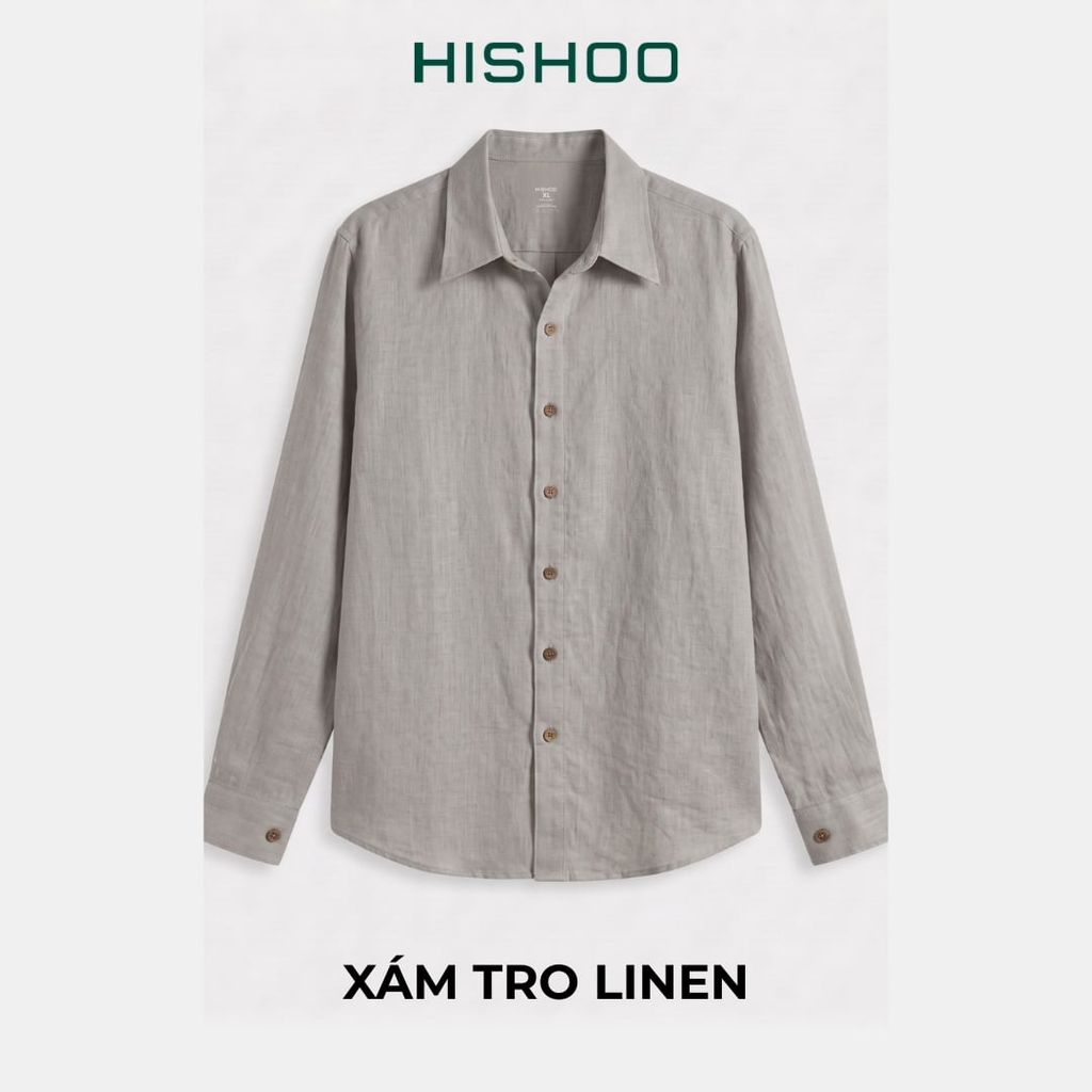 Áo Sơ Mi Rêu Nút Gỗ Nam Tay Dài Relax Form Rộng, Cổ Thường, Lai Ngang Linen Solene Vải Mềm Mát HISHOO A2T003