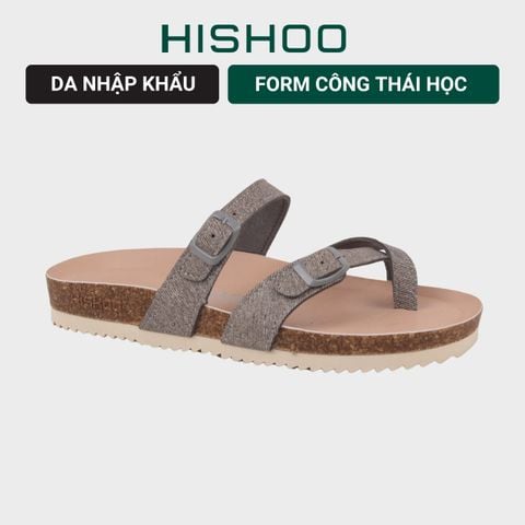 Dép đế trấu birken Xỏ Ngón Xám Demin Khóa Xám Premium HISHOO B098