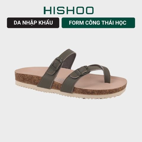Dép đế trấu birken Xỏ Ngón Xanh Olive Da Trơn Premium HISHOO B098