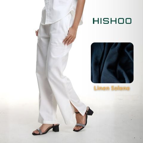 Quần dài Linen Trắng Nữ Lưng Thun, Xẻ Tà Hishoo basic mặc đi chơi, đi làm HISHOO Q3G001