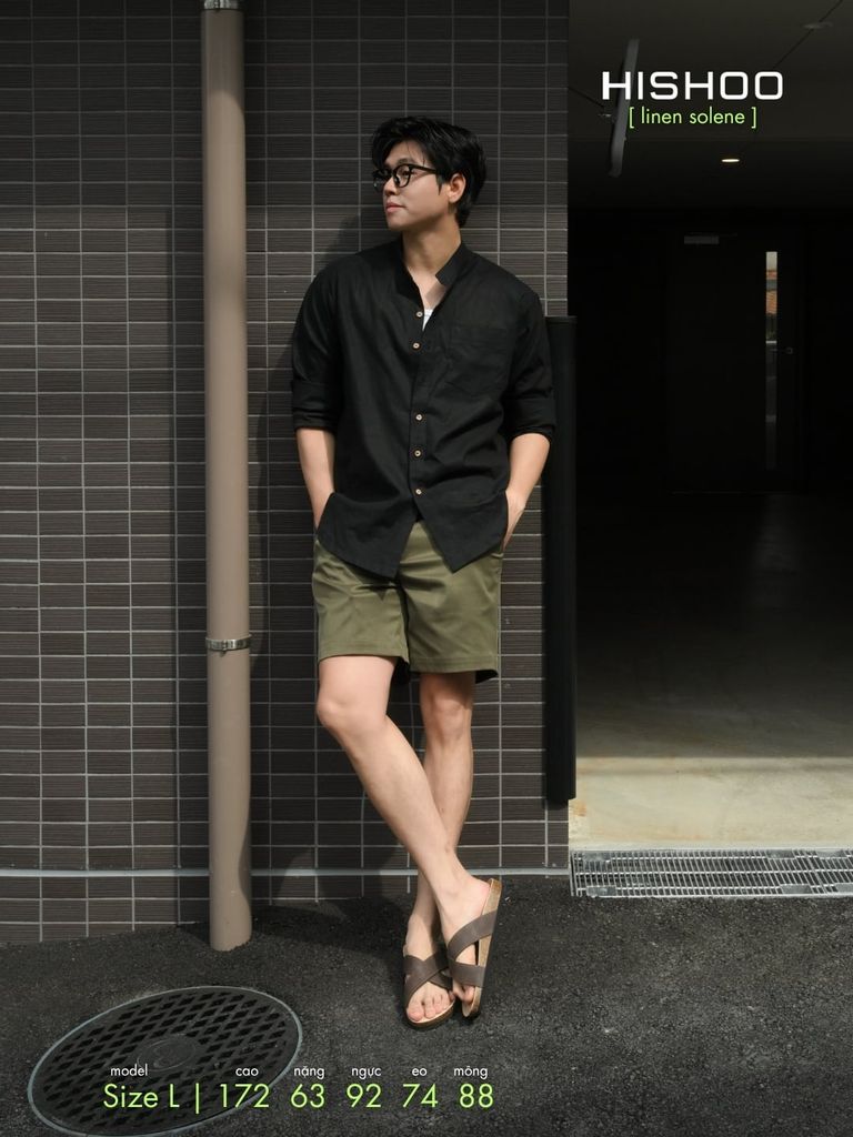 Áo Sơ Mi Nam Đen Tay Dài Nút Gỗ Relax Form Rộng, Cổ Tàu Vuông, Lai Ngang Linen Solene Vải Mềm Mát HISHOO A2T002