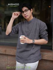 Áo Sơ Mi Nam Xám Chuột Tay Dài Relax Form Rộng, Cổ Polo Tàu Vuông, Xẻ V Linen Solene Vải Mềm Mát HISHOO A3T002