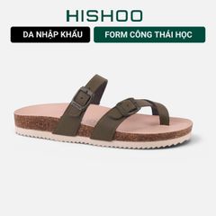 Dép đế trấu birken Xỏ Ngón Xanh Olive Da Trơn Premium HISHOO B098