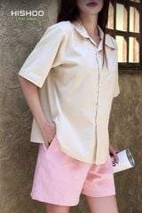 Áo Sơ Mi Kem Nữ Relax Form Rộng, Cổ Bác Sĩ, Lai Ngang Linen Solene Vải Mềm Mát HISHOO A1G004