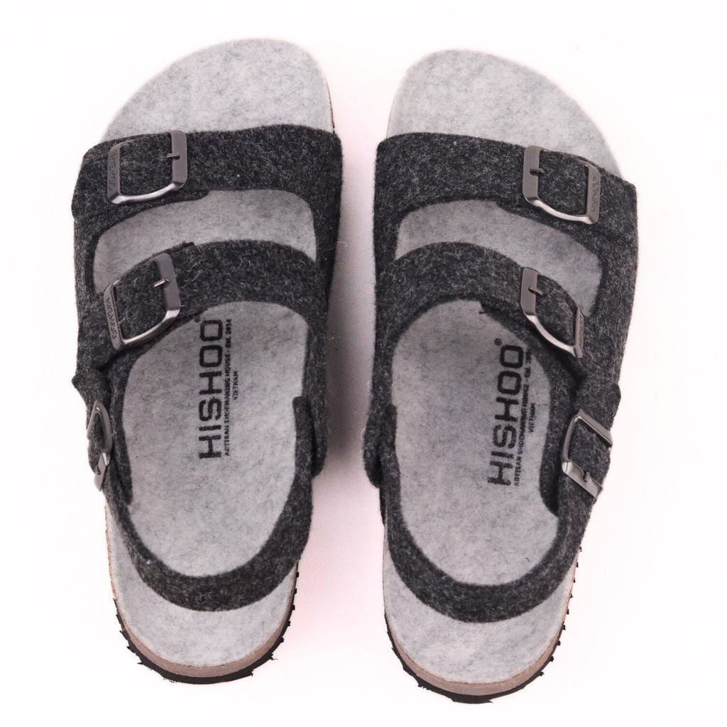 Dép đế trấu sandal birken quai ngang 2 khoá vải dạ Premium HISHOO B102
