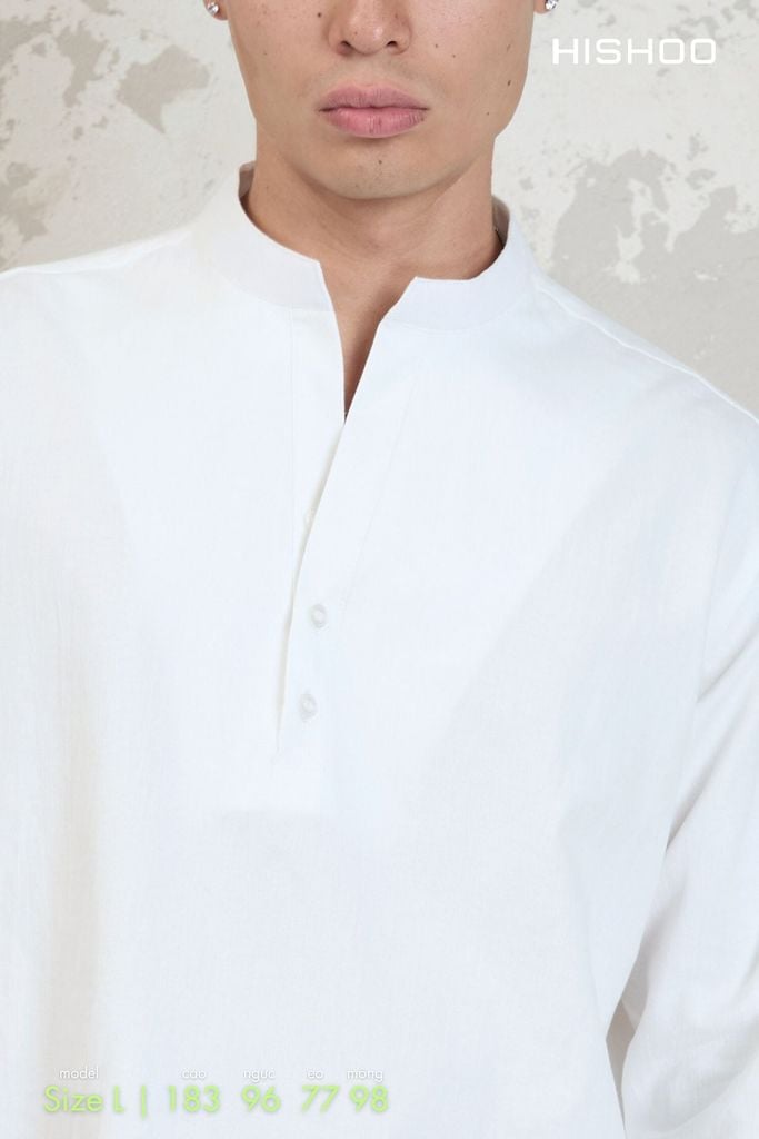Áo Sơ Mi Nam Trắng Tay Dài Relax Form Rộng, Cổ Polo Tàu Vuông, Xẻ V Linen Solene Vải Mềm Mát HISHOO A3T002