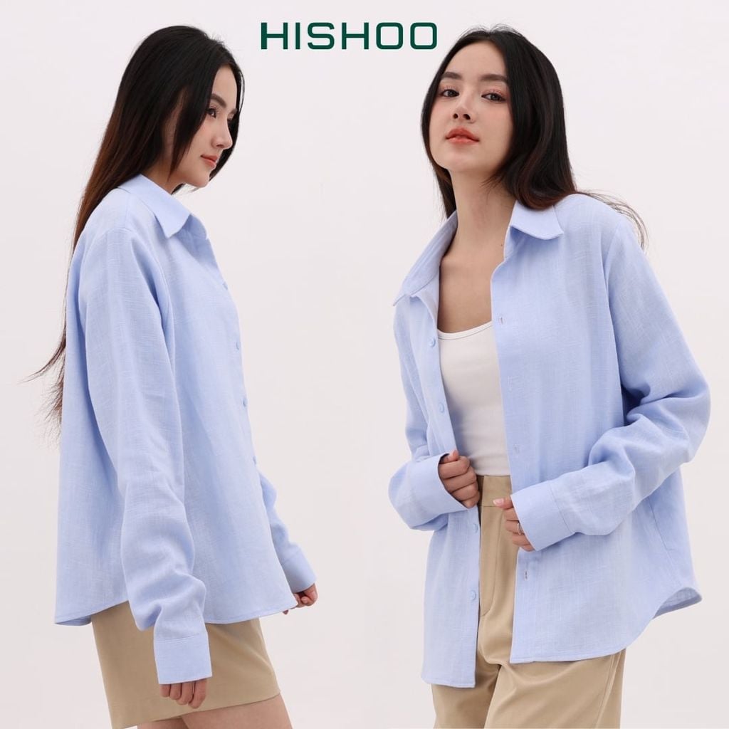 Áo Sơ Mi Tay Dài Nữ Relax Form Rộng, Cổ Thường, Lai Ngang Linen Solene Vải Mềm Mát HISHOO A2G003