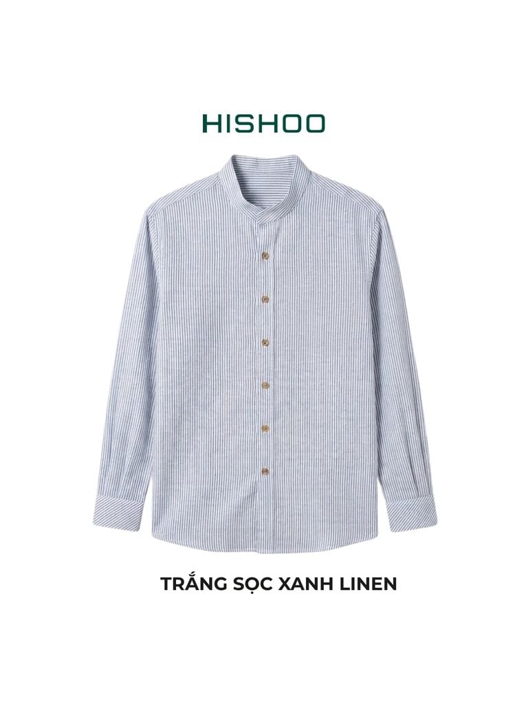Áo Sơ Mi Trắng Sọc Xanh Nút Gỗ Tay Dài Nam Relax Form Rộng, Cổ Tàu Vuông, Lai Ngang Linen Solene Vải Mềm Mát HISHOO A2T002