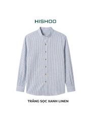 Áo Sơ Mi Trắng Sọc Xanh Nút Gỗ Tay Dài Nam Relax Form Rộng, Cổ Tàu Vuông, Lai Ngang Linen Solene Vải Mềm Mát HISHOO A2T002