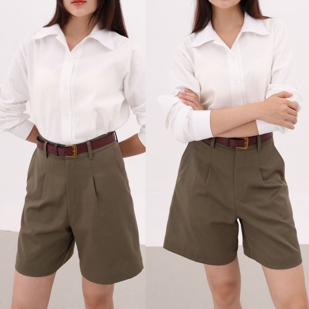 Quần kaki nữ lưng cao xếp li Hishoo short suông basic mặc đi chơi, đi làm HISHOO Q2G001