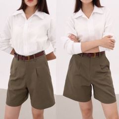 Quần kaki nữ lưng cao xếp li Hishoo short suông basic mặc đi chơi, đi làm HISHOO Q2G001