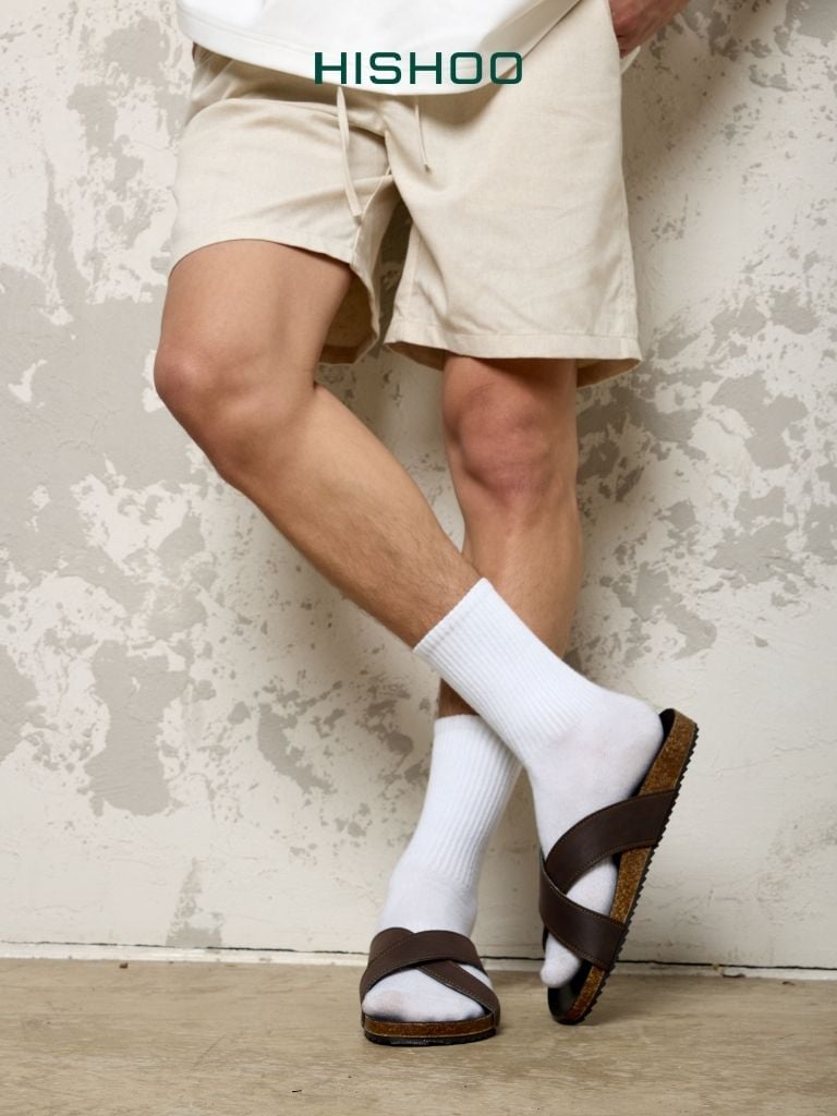 Dép đế trấu birken quai ngang chéo MẶT ĐEN da bò HISHOO M096