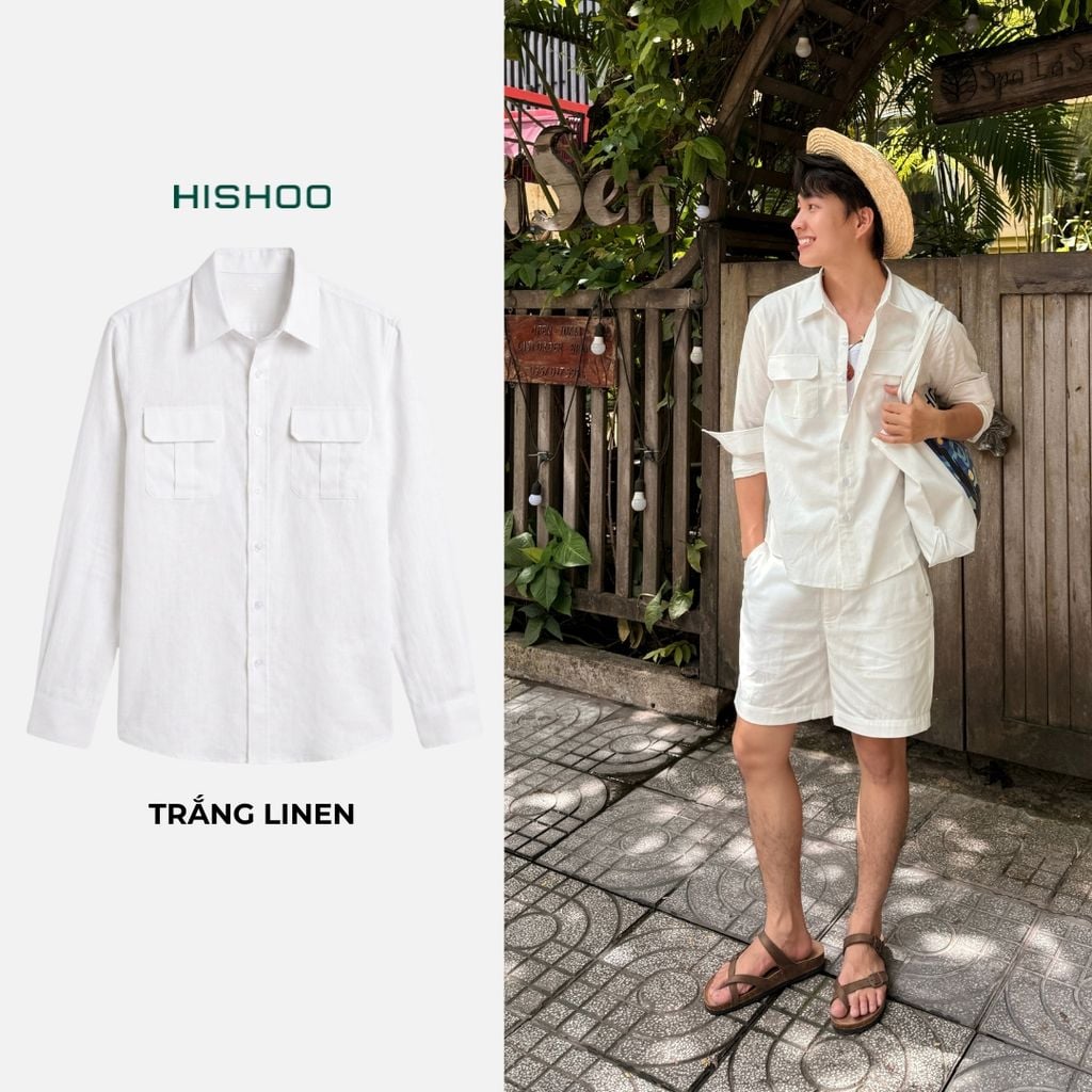 Áo Sơ Mi Nam 2 Túi Tay Dài  Relax Form Rộng, Cổ Thường, Lai Ngang Linen Solene Vải Mềm Mát HISHOO A2T005